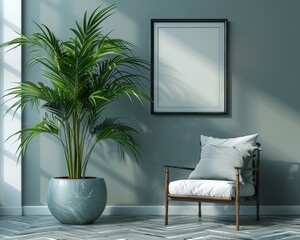 Frame mockup on wallpaper with a potted of tropical plant setup armchair with cushions in living room, copy space, 3D rendering.