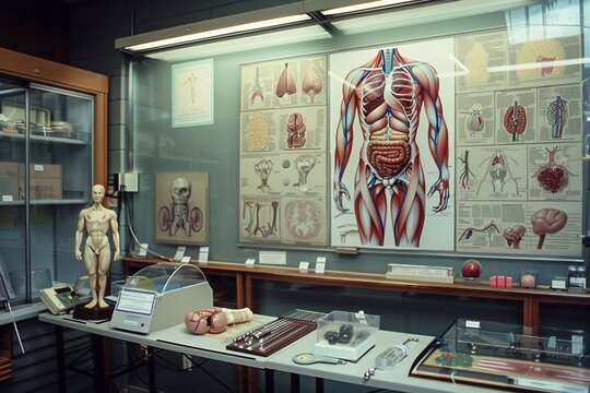 Anatomical poster with vessels of the human body. The poster is placed on the wall of a medical office or classroom. There are organ models and medical instruments nearby