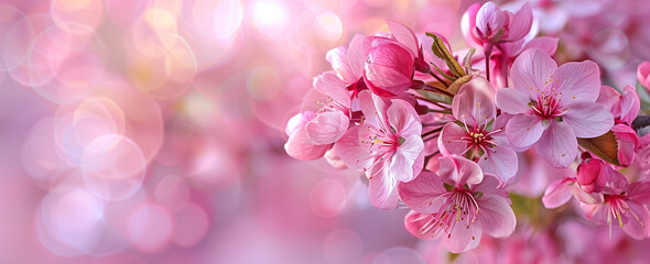 Pink Apple Trees Blossoms, Close-up, Soft Glowing Light, Spring Background with copy space