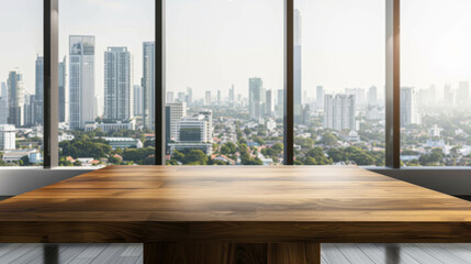 Wooden table top with copy space. Cityscape background