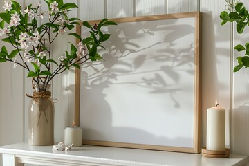 Wooden white frame mockup on white wooden cabinet, vase of flowers and candles, copy space 3D rendering.
