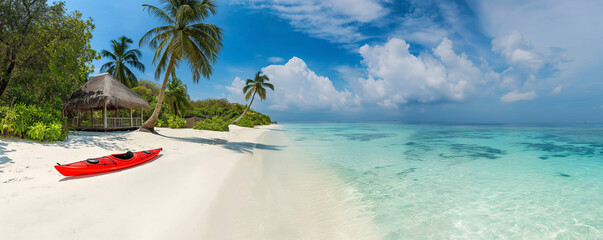 Tropical Beach Paradise, Red Kayak on White Sand, Idyllic Vacation