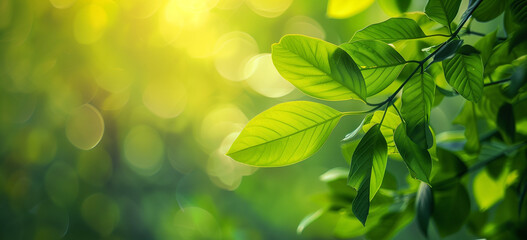 Fototapeta na wymiar Fresh Green Leaves, Soft Bokeh Lights, Natural Spring Background