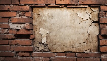 An old, weathered piece of paper affixed to a rugged brick wall, showing signs of age and decay with peeling edges and faded surface. AI generation - obrazy, fototapety, plakaty