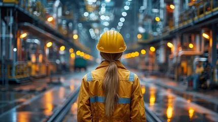 Foto op Aluminium Woman Wearing Hard Hat and Yellow Jacket at Worksite © Prostock-studio