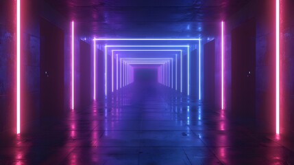 Abstract Design Background, Dark corridor illuminated by neon lights on both sides, light indigo and black, cubic futuristic, linear minimalism. For Design, Background, Cover, Poster, Banner, PPT, KV 