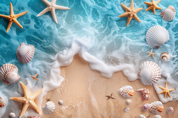 seashells and starfish on the beach - world ocean day concept 
