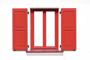 Wooden window village cottage house. Architecture texture. Red paint open window shutters. Object isolated on white window. Empty copy space rustic window frame background.