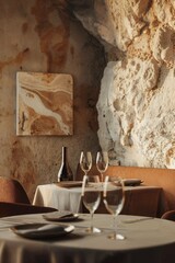 Restaurant in a cave with wine glasses 