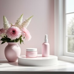 round podium in pale pink color with a tube of cosmetics and a jar of cream without labels, on a white background