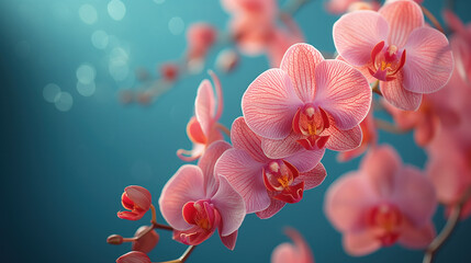 Fototapeta na wymiar Pink Orchid Flowers on a Blue Background