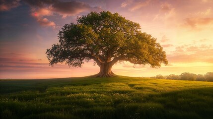 Naklejka premium Majestic ancient tree alone in a green field