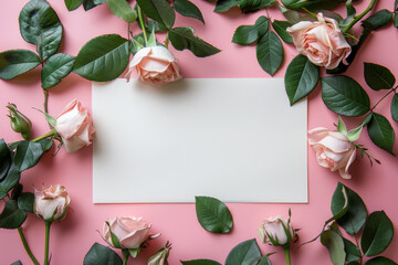 Elegant Pink Roses and Blank Card on Pastel Background