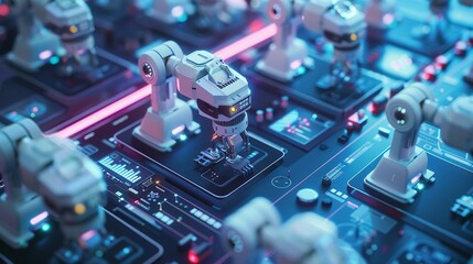 icon Factory scene with robots working alongside humans, a chart displaying task automation levels Topdown view icon virus