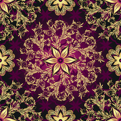 Vector hand drawn seamless geometric purple gradient pattern with golden floral mandalas