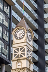 Fototapeta premium The heritage clock tower of the Engine House Number 3, a colonial fire station in Toronto, Canada