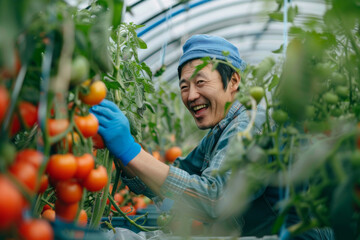 Smiling Farmer Harvesting Ripe Tomatoes in Greenhouse