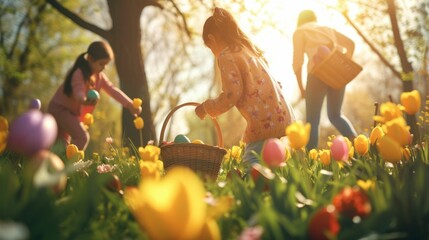 A woman and two children are happily picking Easter eggs in a field of flowers, surrounded by grass...