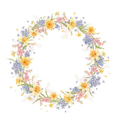 Gentle watercolor wreath with spring blossom. Watercolor flowers, daffodils, hyacinths