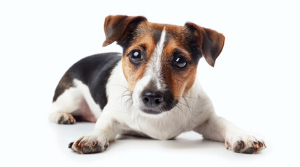 A cute white Jack Russell Terrier puppy with perked ears stands alone on a white background