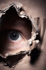 person looking through a hole in a box. domestic violence concept. spying