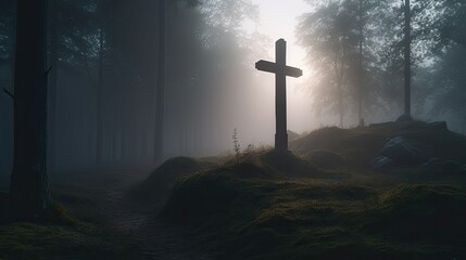 Cross in midst of misty forest. Christian symbol among rocks and trees. Concept of finding the way...