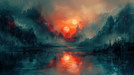 Spectacular abstract landscape inspired by thrilling adventures and timeless samurai tales. - obrazy, fototapety, plakaty