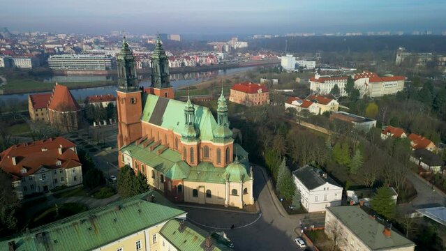 Aerial view of Ostrow Tumski and the Cathedral of the Apostles Peter and Paul in Poznań, Poland.