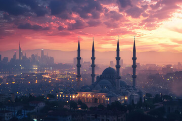 Mosques silhouette against sunset sky with stars - obrazy, fototapety, plakaty