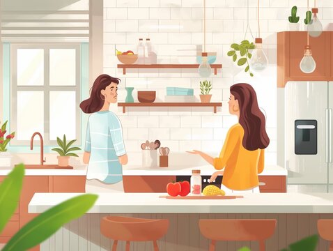 Illustration of a woman discussing nutrition goals with her wellness coach in a bright, airy kitchen