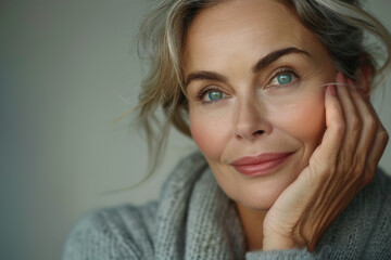 Serene Mature Woman with Striking Blue Eyes and Graceful Smile