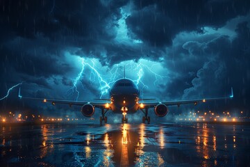 Airliner braving thunderstorm with dramatic lightning - obrazy, fototapety, plakaty