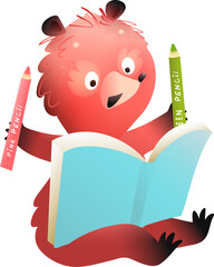 Forest kindergarten class, little teddy bear enjoy reading book and drawing with pencils. Education art and study for kids in nature with animal character. Vector clipart illustration for children.