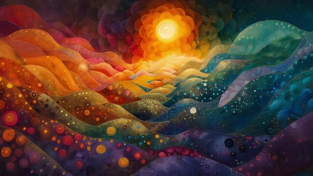 A vibrant abstract illustration of the chakra system with spirals of color representing each chakra branching off from a central point. Thin lines connect the chakras symbolizing