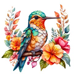 Watercolor illustration portrait of a cute adorable hummingbird animal with flowers on isolated white background.	

