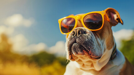 A pitbull terrier dog wearing sunglasses with blur field background. - obrazy, fototapety, plakaty