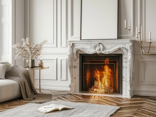 Mock up poster in modern home interior with fireplace