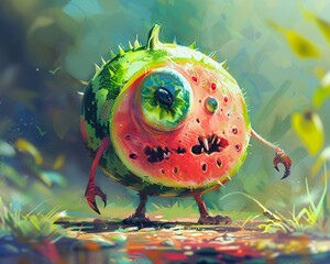 Oneeyed watermelon character, sketchy lines, fantasy land, vibrant palette, side perspective, fun theme