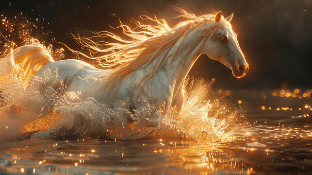 There is a white horse running through a river with water splashing around it - AI Generated