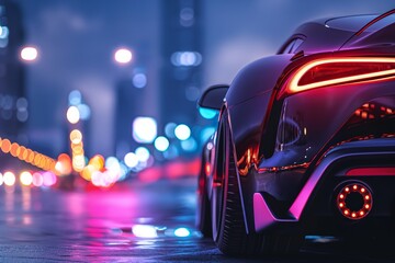 A modern car with glowing tail lights on a neon-lit city street, evoking innovation and luxury.