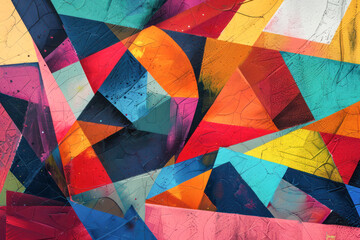 Geometric Color Burst. Abstract Mural Art. An abstract mural featuring a vibrant explosion of geometric shapes and colors, conveying a sense of dynamic urban artistry.