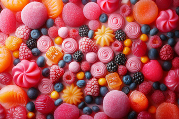 Fototapeta na wymiar Beautiful background made of delicious and tasty candies, sweets and jelly berries, wallpaper for paradise for a sweet tooth