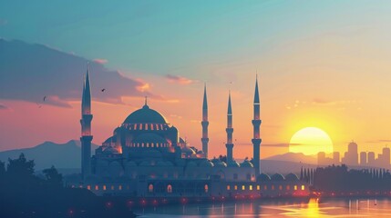 blue mosque at sunset - obrazy, fototapety, plakaty