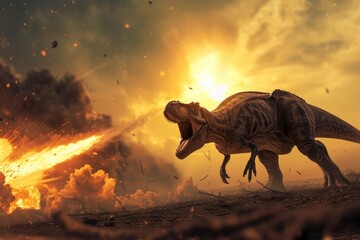 Fierce Tyrannosaurus Rex Roaring as Meteorites Fall.Generative ai.