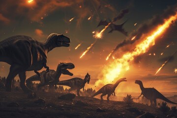 Tyrannosaurus Rex and Herd of Dinosaurs Escaping a Cataclysm.Generative ai. © JIRMoronta