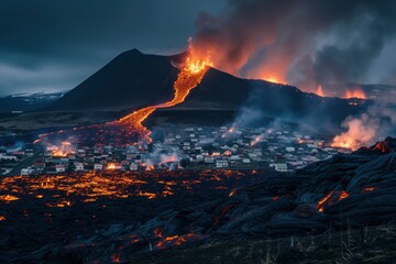 Volcanic Eruption Engulfing Town with Lava Flows. Generative ai
