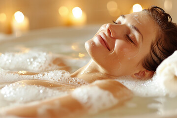 Serenity in Suds: Woman Relaxing in a Candlelit Bubble Bath - obrazy, fototapety, plakaty