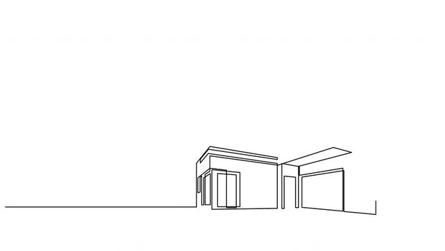 Self drawing animation of modern flat roof house drawn by continuous line. Animated minimalist commercial building black one line sketch.