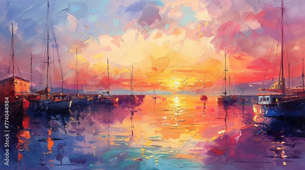 Poster Painting of a harbor sunset in oil