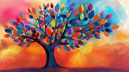Colorful tree with vivid leaves and whimsical background.